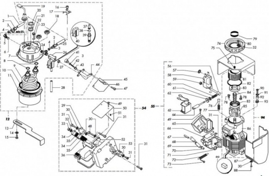 12)Бойлер, привод кофеблока, кофемолка